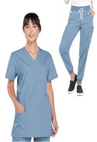 Stretch Jogger Scrub Set 6 pockets solid ladies half sleeves (3 pockets top and 3 pockets jogger pant)