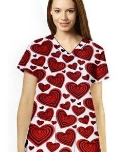 Red hearts Print Top V Neck 2 Pocket Half Sleeve