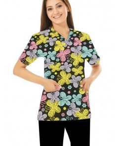 Multicolor Butterflies print Scrub Set 4 Pockets Ladies Half Sleeves (2 Pockets Top and 2 Pockets Black Pant)