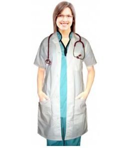Poplin labcoat ladies half sleeve with plastic buttons 3 pocket solid in 36 38 40 42 lengths