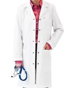 Poplin labcoat unisex full sleeve with snap buttons 3 pockets solid pleated (48 perc cotton 52 perc polyester) available in 36 38 40 42 inch lengths