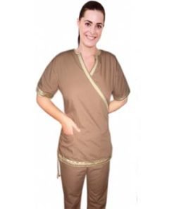 Stylish set golden lace style inset v-neck 4 pocket set half sleeve (top 2pkt with bottom 2pkt bootcut)
