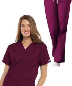 Stretchable Scrub set 5 pocket solid ladies half sleeve (top 2 pocket with 1 pencil pocket and pant 1 cargo pocket & 1 back pocket) in 35% Cotton 63% Polyester 2% Spandex