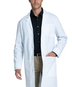 Poplin labcoat unisex full sleeve with plastic buttons 3 pocket solid (48 cotton 52 polyester) fabric weight 4.7 oz in 36 38 40 42 inch lengths 37 colors sizes xxs-12x