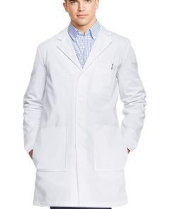 Poplin labcoat unisex full sleeve with plastic buttons 3 front pockets with side inside pockets(access to pockets from side) (48 perc cotton 52 perc polyester) in 36 38 40 42 lengths