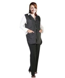 Barber jacket sleeve less without collar ladies 2 front pocket with front snap button style (100 perc polyester) nylon fabric