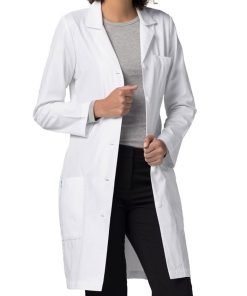 Poplin labcoat ladies full sleeve with plastic buttons 3 pockets solid pleated (48 perc cotton 52 perc polyester) in 36 38 40 42 lengths