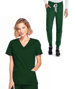 Ladies Jogger Scrub Set 4 Pockets Half Sleeves, Top 2 Lower Pockets and 2 Side Pockets Jogger Pant with Full Elastic Waistband and Drawstring (Twill White) Both