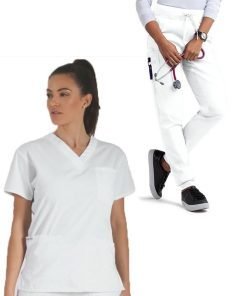 Ladies Jogger Scrub Set 6 Pockets Half Sleeves, Top 3 Pockets and Jogger Pant 2 Side Pockets & 1 Back Pocket with Half Elastic Waistband and Drawstring (Matching) Both
