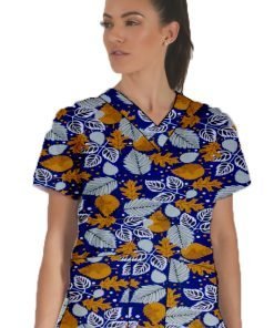 Summer Mint Leave Print Scrub Set 4 Pockets Ladies Half Sleeves (2 Pockets Top and 2 Pockets Black Pant)