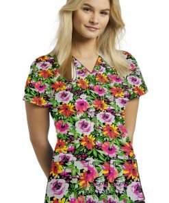 Pink Rose Print Scrub Set 4 Pockets Ladies Half Sleeves (2 Pockets Top and 2 Pockets Black Pant)