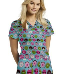 Donut Print Scrub Set 4 Pockets Ladies Half Sleeves (2 Pockets Top and 2 Pockets Black Pant)