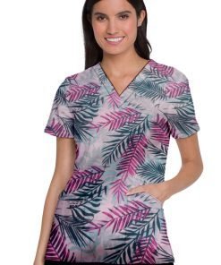 Pink leaves Print Scrub Set 4 Pockets Ladies Half Sleeves (2 Pockets Top and 2 Pockets Black Pant)
