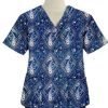 Printed scrub set 4 pocket ladies half sleeve Blue with Pink Classical Print (2 pocket top and 2 pocket black pant)