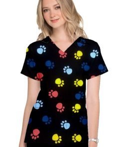 Paw Print Scrub Set 4 Pockets Ladies Half Sleeves (2 Pockets Top and 2 Pockets Black Pant)